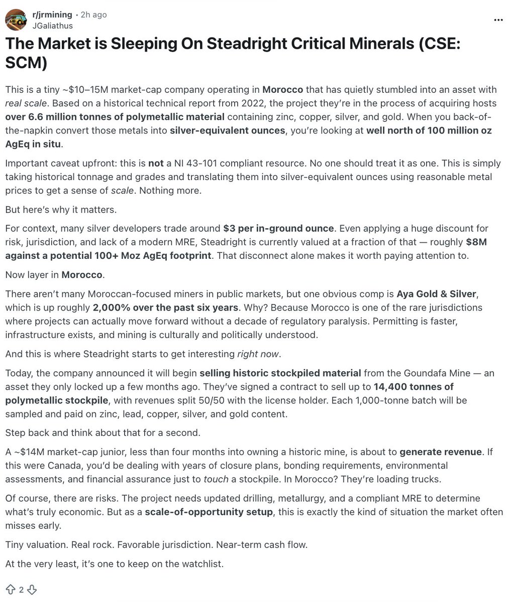 EdgeExploration's tweet image. $SCM.CN Steadright Critical Minerals is definitely a sleeper. Interesting post on SCM on Reddit. 

2 near-term production assets and from today's news release it seems they can even monetise the stockpile at Goundafa already in the ultra short-term!

reddit.com/r/jrmining/com…
