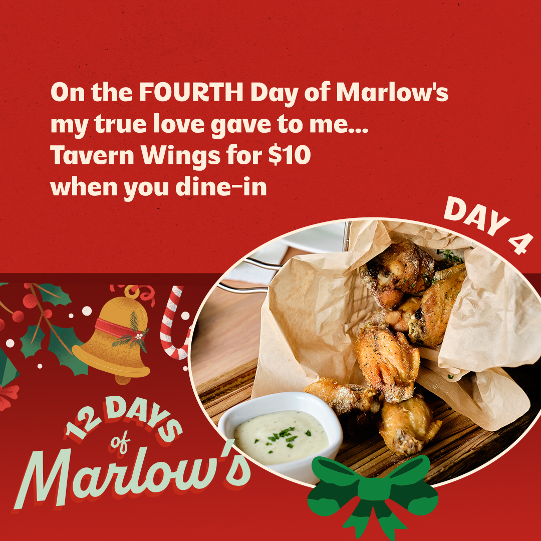 MarlowsTavern's tweet photo. On the fourth day of Marlow’s, my true love gave to me… 🍗
Tavern Wings for just $10 when you dine in! Crispy, flavorful, and perfect for sharing. https://t.co/xjrbYJN40I