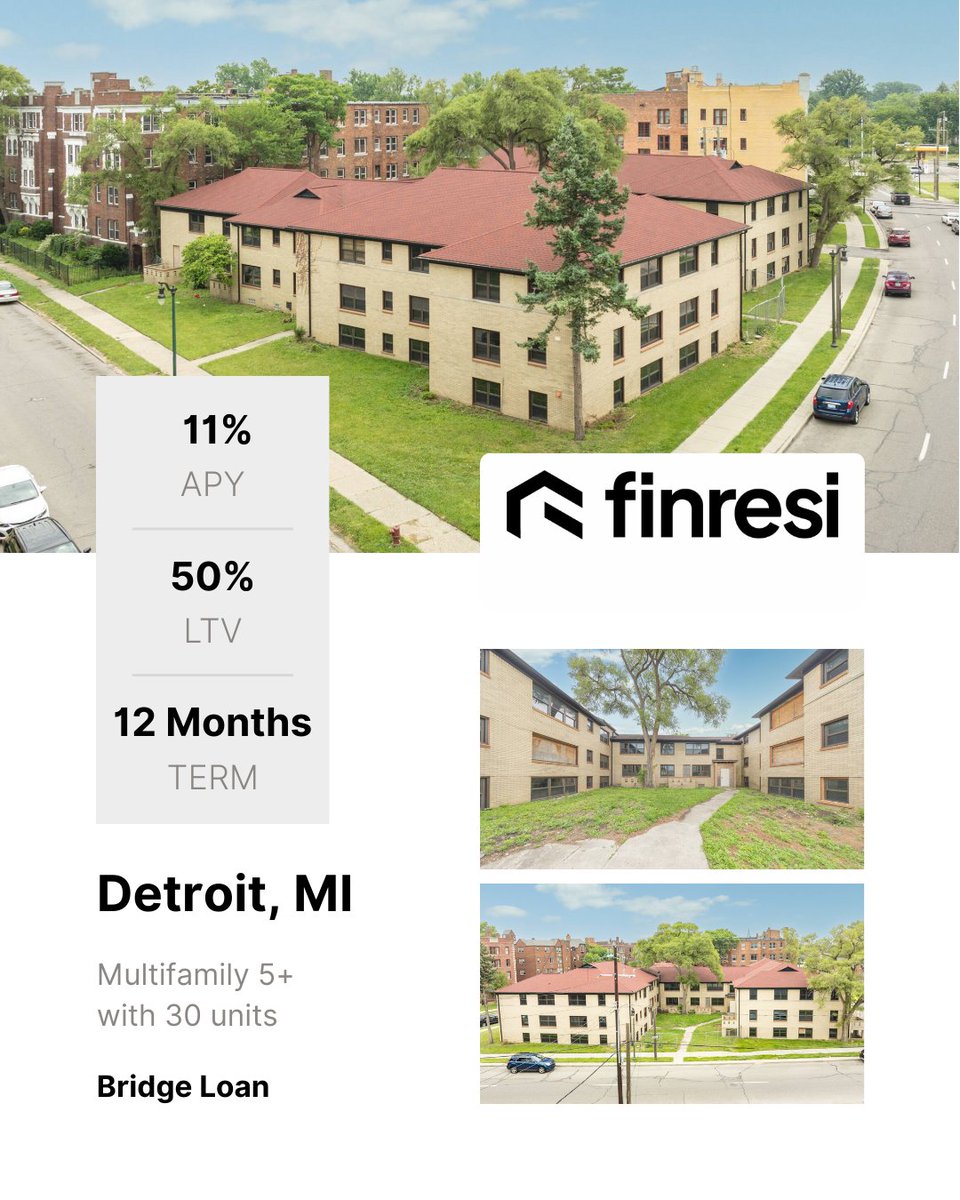 Finresi's tweet photo. Looking to invest in a value-add multifamily asset?

This Detroit-based opportunity offers:
🔹 11.00% APY
🔹 50% LTV

Explore the opportunity at https://t.co/jgEARoVvWb.

#MultifamilyInvesting #DetroitRealEstate #PassiveIncome #PrivateCredit #Finresi https://t.co/rfx2SfBuEQ