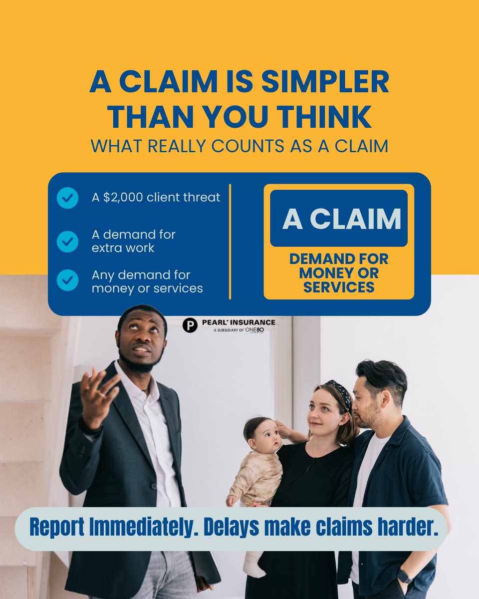 pearlinsurance's tweet photo. A claim is simpler than you think.

Most brokers hear “claim” and think lawsuit.

But the policy definition is far broader.

A demand for money or services = a claim. https://t.co/vJeuxzm8Mj