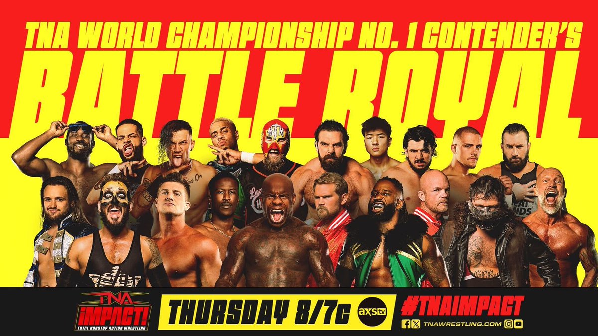 ThisIsTNA's tweet photo. 20 of the best and hungriest in TNA face off in a TNA World Championship Number One Contenders Battle Royal THURSDAY at 8/7c on @AXSTV, TNA+ and @Sportsnet 360. 

#TNAiMPACT https://t.co/sJB9wIXW8t