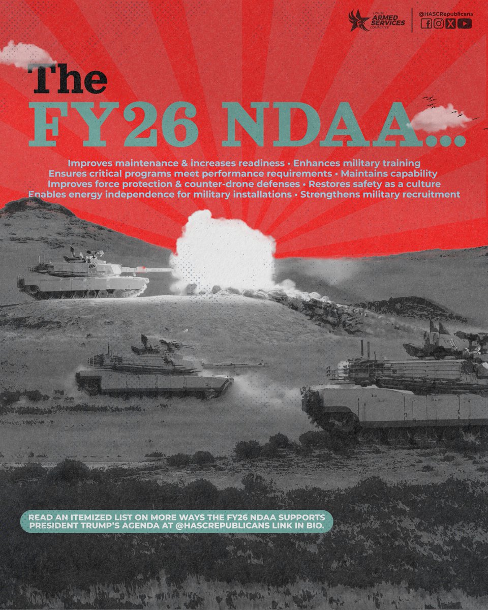 HASCRepublicans's tweet image. Peace Through Strength requires constant readiness and strict standards.

The FY26 NDAA improves maintenance, enforces performance benchmarks for critical military programs, strengthens force protection, and modernizes training and equipment for our servicemembers.