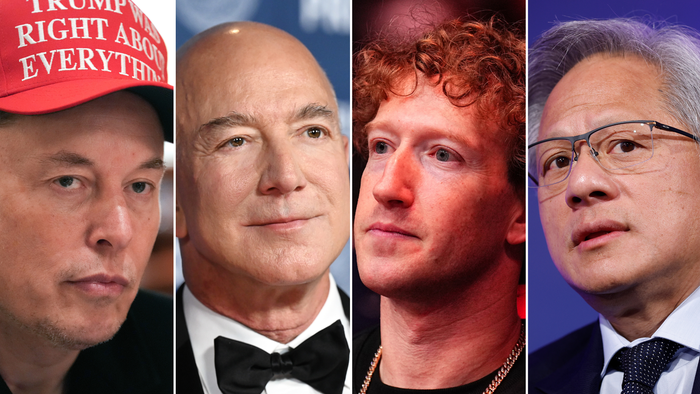PolymarketMoney's tweet photo. Elon Musk of $TSLA is now worth more than Jeff Bezos of $AMZN, Mark Zuckerberg of $META and Jensen Huang of $NVDA combined. https://t.co/xuSOR1klB5