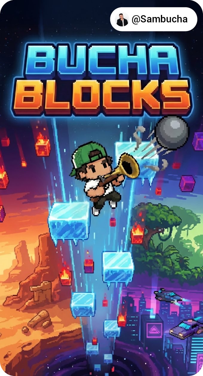 A vertical pixel-art graphic for the game "BUCHA BLOCKS." A character wearing a green cap and holding a golden gun jumps along a rising column of blue ice blocks, shooting a grey ball. The background is a chaotic mix of different worlds: a fiery orange desert canyon on the left with falling red blocks, a lush green jungle on the right with falling purple blocks, and a futuristic neon cityscape with flying vehicles at the bottom right. The ice column emerges from a dark swirling vortex at the very bottom. The creator handle "@Sambucha" is in the top right corner.