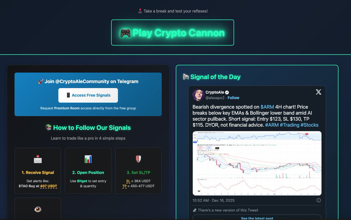 Hey crypto traders! 🚀 Launching CryptoAle Signals – get FREE daily signals like today's hot pick with LIVE PnL tracking right on the site. Jump into our free Telegram for chats, tips, and community vibes. Plus, check out our dev-in-progress game Crypto Cannon for some fun