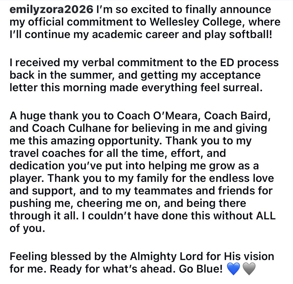emilyzora26's tweet image. I’m so excited to finally announce my official commitment to Wellesley College, where I’ll continue my academic career and play softball! Go Blue 💙🩶 @Wellesley @Sports_Recruits @ExtraInningSB @NCAASoftball @ZTLadyProspects @ztpfastpitch @CoastRecruits @CoastRecruitsSB…