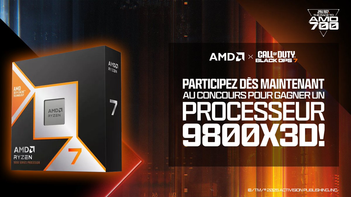 GAGNE TON AMD Ryzen™ 7 9800X3D juste avant noël !

Like + repartager le post 
Follow <a href="/AMD_France/">AMD France</a> 
Follow <a href="/CallofDutyFR/">Call of Duty France</a> 
Identifier un ami sur X qui pourrait aussi vouloir participer

Je peux me permettre de vous le faire gagner en ayant gagner la RACE 700KILLS donc ce que tu as