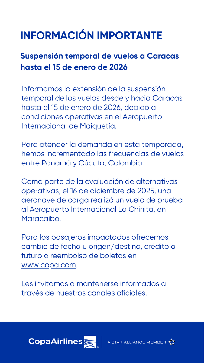 INFORMACIÓN IMPORTANTE:

Suspensión temporal de vuelos a Caracas hasta el 15 de enero de 2026
