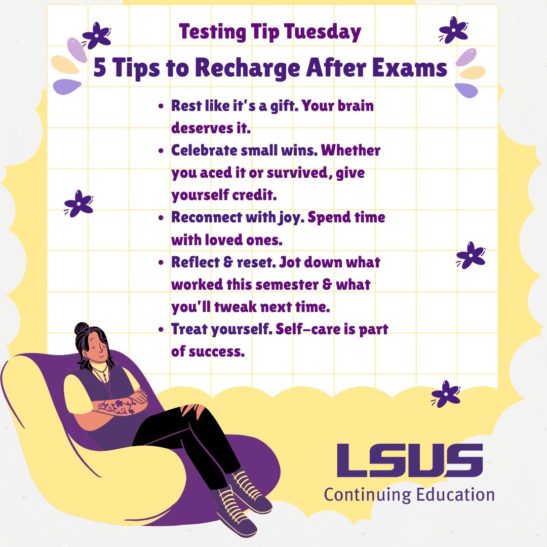 #Finals are over. Time to trade in your #study guides for candy canes! Here are some Grinch-proof #tips to recharge 🔋 after exams.

#lsusce #TestingTipTuesday #TipTuesday #StressFreeHolidays #ContinuingEd #MentalHealth #MentalHealthMatters #StudentWellbeing #StudentWellness