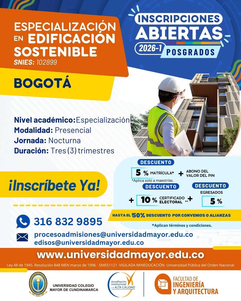 La Especialización en Edificación Sostenible te capacita para integrar prácticas responsables y ecológicas en el ámbito constructivo.   En la Universidad Colegio Mayor de Cundinamarca, Institución pública, Acreditada en Alta Calidad, estamos comprometidos con un futuro mejor.