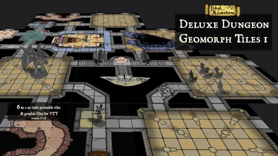 After a long delay, the first set of the new Inked Adventures Deluxe Dungeon Geomorph Tiles are now available to buy and download on DriveThruRPG. drivethrurpg.com/en/product/549… #TTRPG #DnD