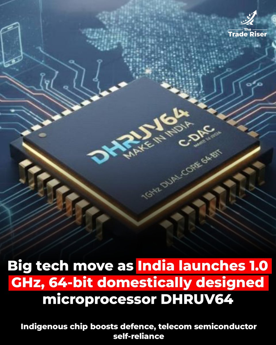 India takes a big tech step by launching DHRUV64, its first indigenous 1.0  GHz 64-bit microprocessor, strengthening self-reliance in defence, telecom,  and critical semiconductor technology. #DHRUV64 #MakeInIndia #TechNews