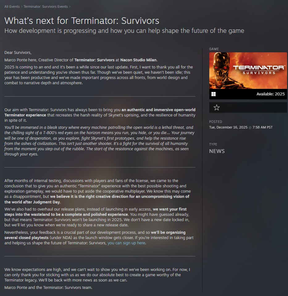 Wario64's tweet photo. Terminator: Survivors delayed to unannounced date, no longer an Early Access title https://t.co/rJX6Fr8NYd

https://t.co/GMFjrHFVZs https://t.co/wFPSpDyu65