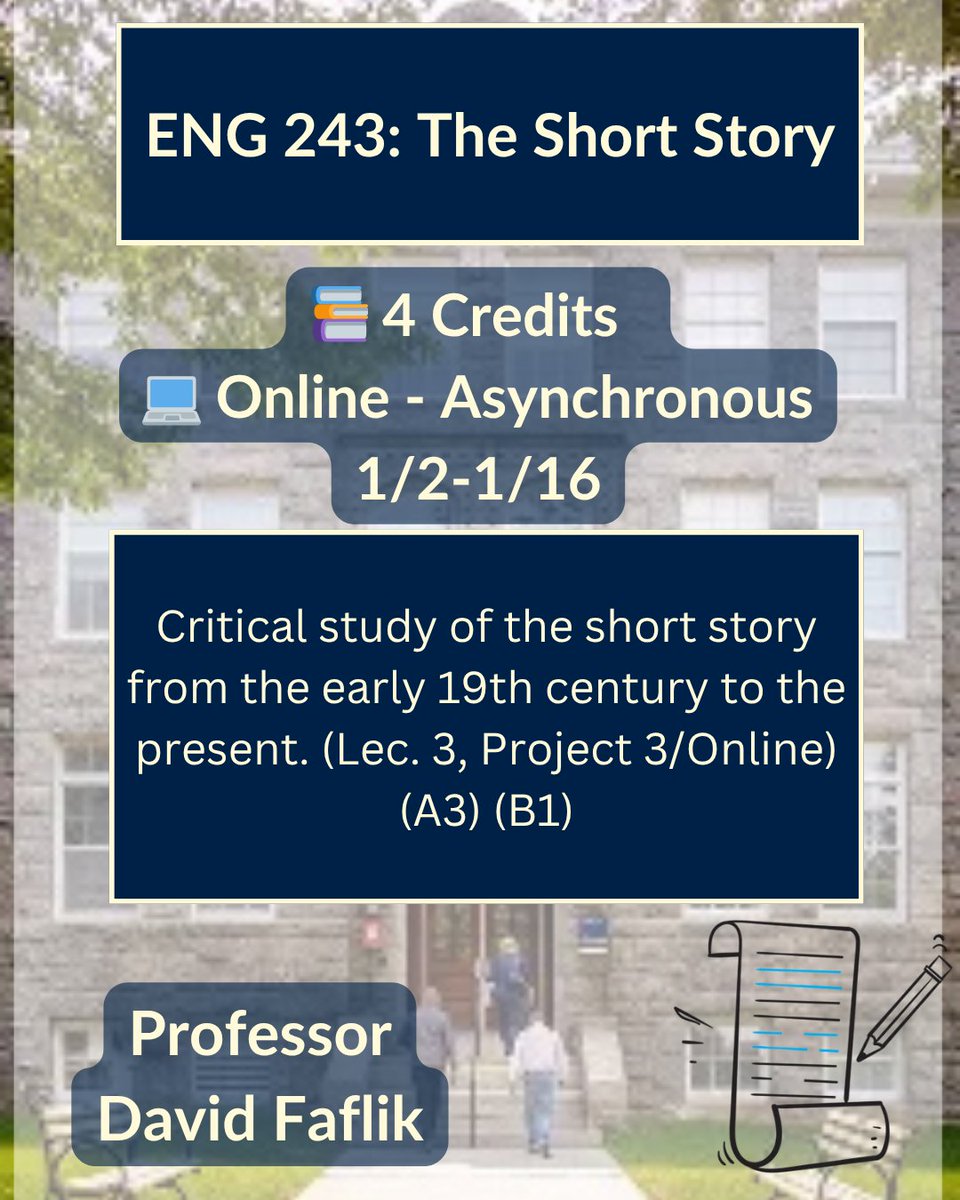 URIWinterJTerm's tweet photo. Dive into the craft of short fiction. ✍️📖
Take ENG 243: The Short Story this J Term and explore influential works from the 19th century to today. ✨

💻 Online Asynchronous | 📅 Jan 2–16 | 🎓 4 Credits
Gen Ed: A3, B1
Instructor: Professor David Faflik

#URI #WinterJTerm #JTerm2026 #English #ShortStory #Literature #EnrollNow