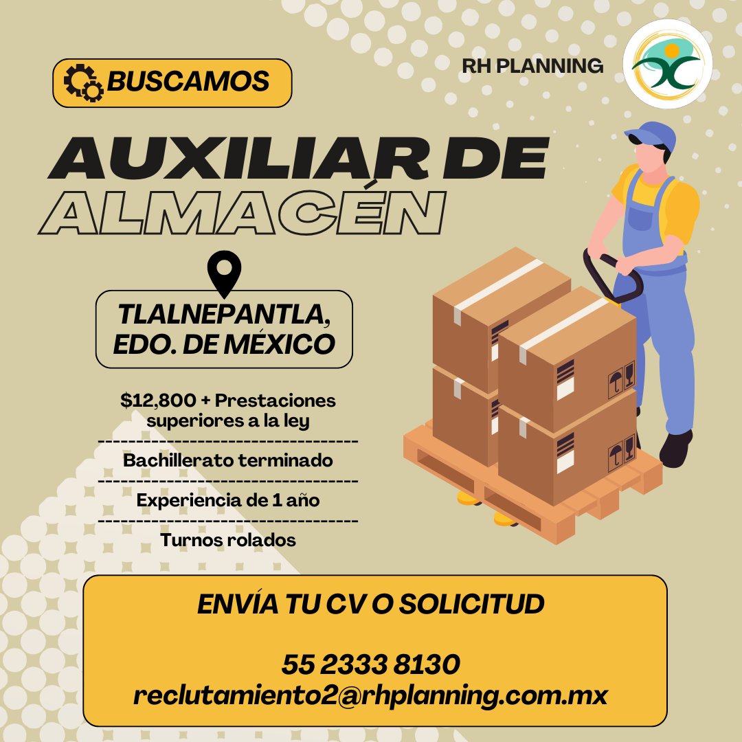RhPlanningMx's tweet photo. 💼VACANTE DISPONIBLE
-Auxiliar de Almacén
-Zona: #tlalnepantla #EdoMéx 
-Bachillerato terminado (Contar con certificado)
-Experiencia de 1 año
-Disponibilidad para rolar turnos
-$12,800 brutos + Prestaciones superiores
¡Envía tu CV hoy mismo!

@LosCazaVacantes https://t.co/rt4x2uhAB2