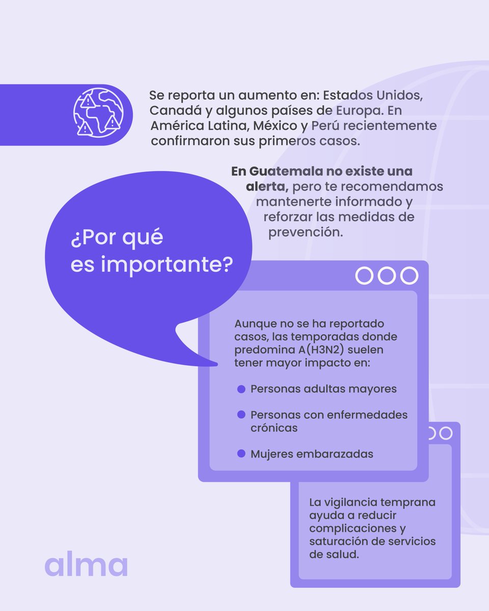 alma_responde's tweet photo. ¿Has escuchado sobre la influenza H3N2? 🦠🤧
En los últimos días se ha hablado mucho de esta variante, pero es importante informarnos con calma y desde fuentes confiables.

La influenza A(H3N2) no es un virus nuevo, forma parte de la influenza estacional y, aunque está aumentando su circulación en varias partes del mundo, la prevención sigue siendo nuestra mejor herramienta. 

Informarte ayuda a cuidarte y a cuidar a los demás.
#TuSalud  #Influenza #H3N2 #SaludRespiratoria #Prevención