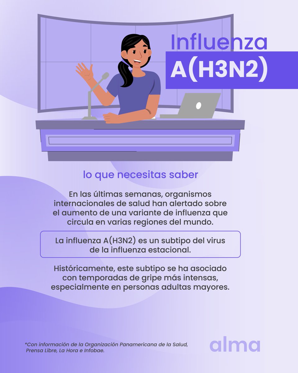 alma_responde's tweet photo. ¿Has escuchado sobre la influenza H3N2? 🦠🤧
En los últimos días se ha hablado mucho de esta variante, pero es importante informarnos con calma y desde fuentes confiables.

La influenza A(H3N2) no es un virus nuevo, forma parte de la influenza estacional y, aunque está aumentando su circulación en varias partes del mundo, la prevención sigue siendo nuestra mejor herramienta. 

Informarte ayuda a cuidarte y a cuidar a los demás.
#TuSalud  #Influenza #H3N2 #SaludRespiratoria #Prevención