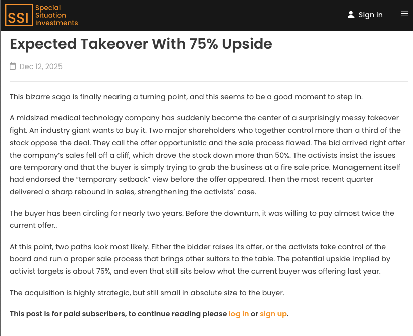 We've subscribed to Dalius' Special Situation Investments for ~2 years - it easily earns its cost from great ideas like $TTSH &amp; $SOL which closed solidly in the green this week. I'd love to post the symbol for this compelling idea - but it's only for subscribers