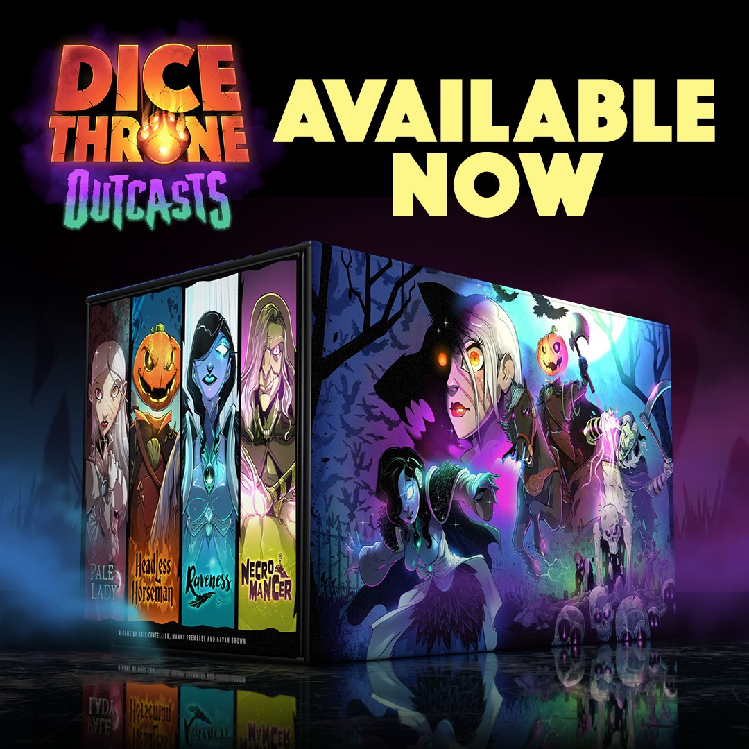 DiceThrone's tweet photo. Dice Throne Outcasts is now available on our website! This new lineup of heroes includes the Pale Lady, the Headless Horseman, Raveness, and the Necromancer! 
Dice Throne Adventures Unchained is also now available! 
Expand your collection and get rolling: https://t.co/YiTDBx05WN https://t.co/PxEp67WoAY