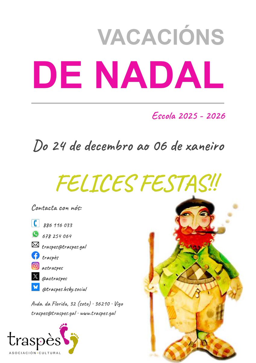 Na Escola de Traspés estaremos de vacacións polo Nadal desde o 24 de decembro ata o 6 de xaneiro (ámbolos dous días incluídos), retomando a actividade o día 7 👣
.
Pasade unhas boas festas e vémonos á volta 🎄☃️
.
#traspés #traspès #escolatraspés #vacacións #nadal #vigo