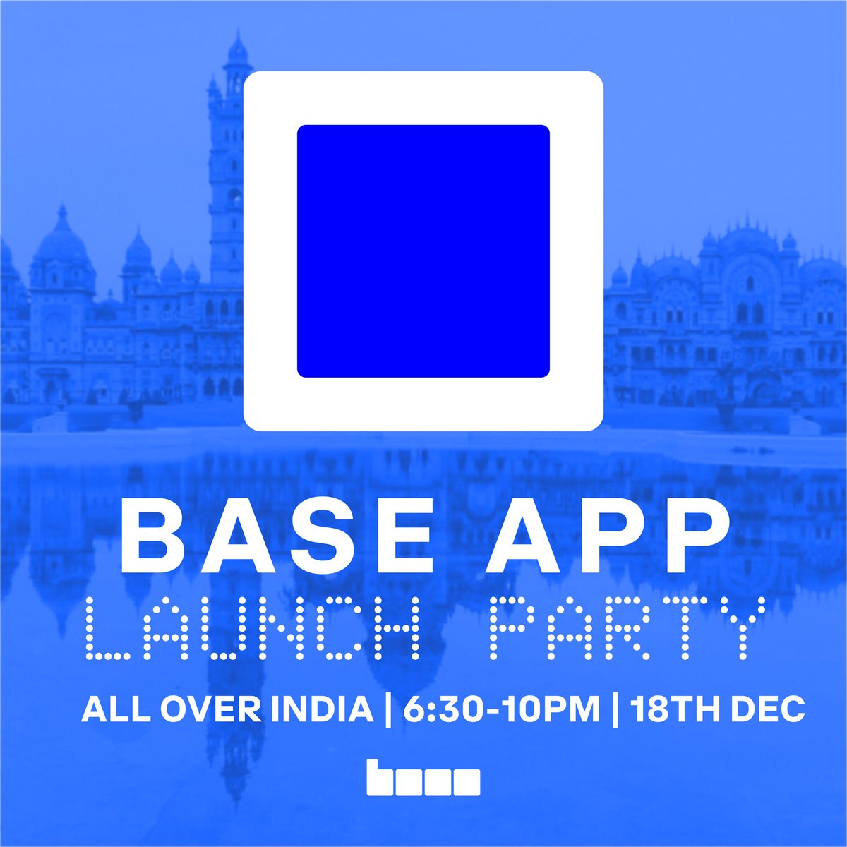 You heard <a href="/AhaanRaizada/">Ahaan Raizada</a>, we’re doing <a href="/baseapp/">Base App</a> launch parties all over India on 18th December🇮🇳

- Mumbai
- Bangalore
- Delhi
- Pune
- Indore
- Nagpur
- Chennai
- Vadodara
- Ahmedabad
- Kochi
- Mandsaur 

+ we’ll be hosting the <a href="/BasedIndia/">Base India</a> townhall with tons of alpha!

come thru⬇️