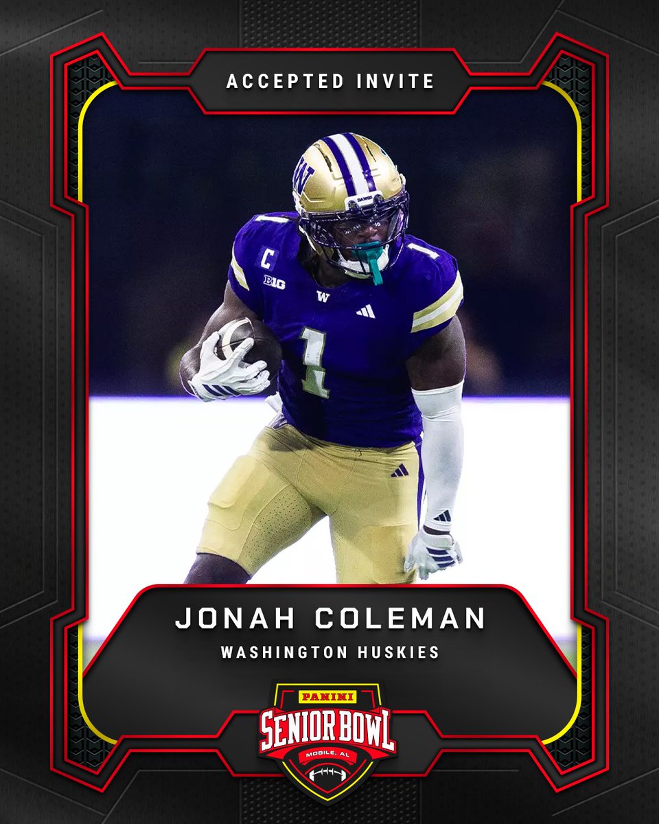 seniorbowl's tweet image. Officially Accepted!

RB Jonah Coleman (@jonahcoleman8) from @UW_Football is headed to the 2026 Panini Senior Bowl 🔥

#TheDraftStartsInMobile #WherePlayersPlay