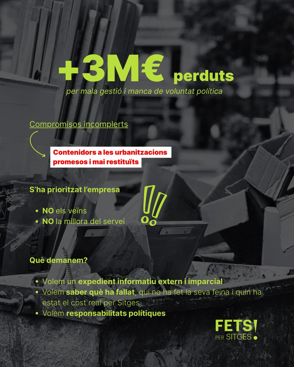 Sitges fa més de dos anys que arrossega el contracte de neteja i recollida de residus sense contracte vigent.

Pagant més, sense control i sense responsabilitats. En el contracte més important de <a href="/AjSitges/">Ajuntament de Sitges</a> , això és inadmissible.

‼️El municipi mereix transparència i rigor.