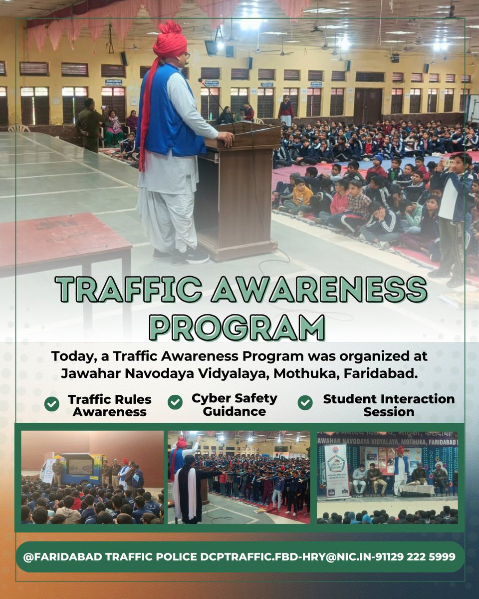 Today, a #Traffic Awareness Program was organized at Jawahar Navodaya Vidyalaya, Mothuka, Faridabad.
#Faridabad Traffic Police educated students about traffic rules and cyber safety, encouraging them to become responsible and safe citizens. 🚦👮‍♂️📚
<a href="/police_haryana/">Haryana Police</a> <a href="/FBDPolice/">People’s Police - Faridabad Police</a>