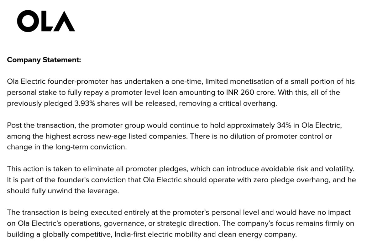 aviralbhat's tweet photo. Ola Electric's stock has fallen by 78% from its peak and is struggling

While the promoters still hold ~4,000 Cr in paper value of company stock, this messaging makes it clear none of it can be sold till things turn

Public liquid stock is practically illiquid https://t.co/gtkY7wNXT2