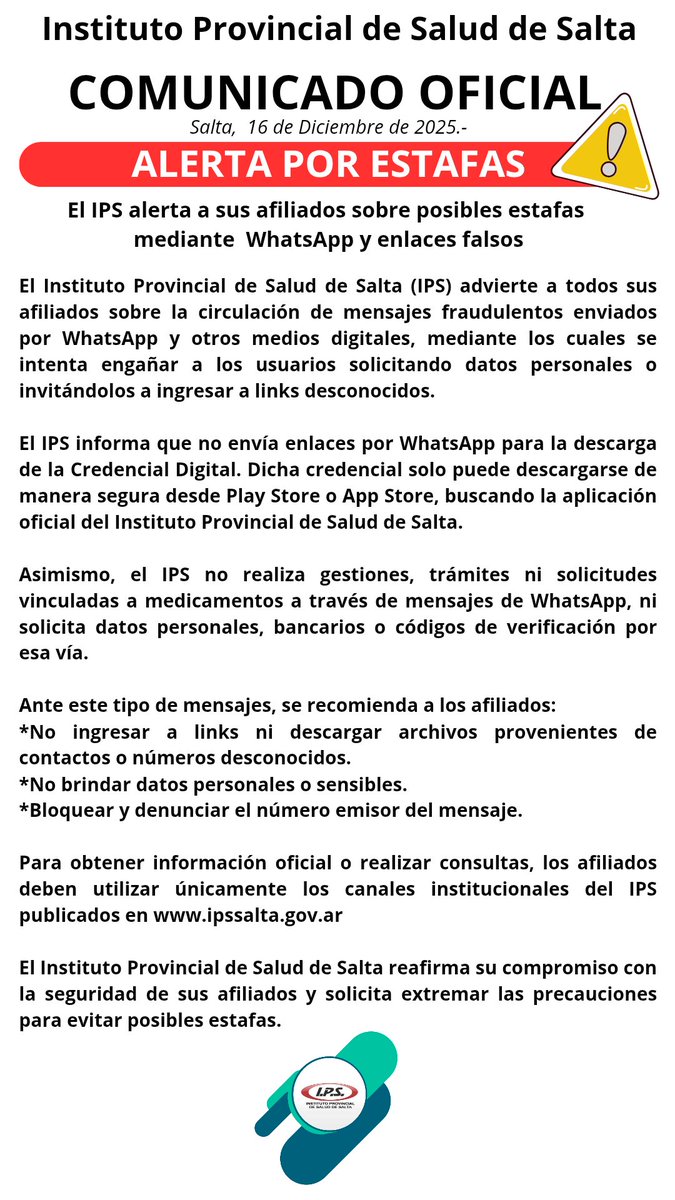 salta_ips's tweet photo. El IPS alerta a sus afiliados sobre posibles estafas mediante WhatsApp y enlaces falsos
.
.
.
#IPSSalta https://t.co/fVMqq4pIVj