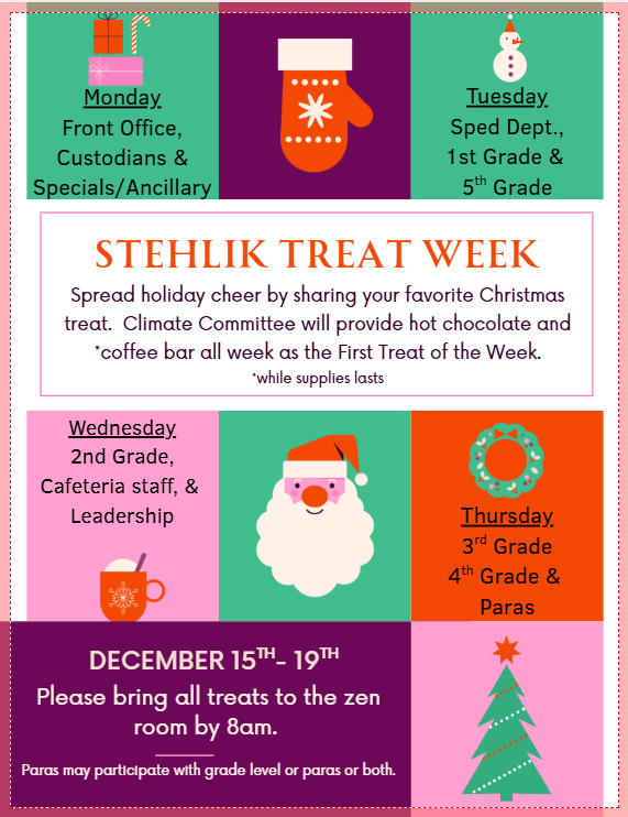 vzreyes's tweet photo. Stehlik Treat Week and we have had such an impressive display of goodies. Climate committee gifted staff with a hot cocoa and coffee bar this week and all staff joins in to provide amazing treats! #giftgivingseason #treat week @StehlikES_AISD https://t.co/4wR7762j5w