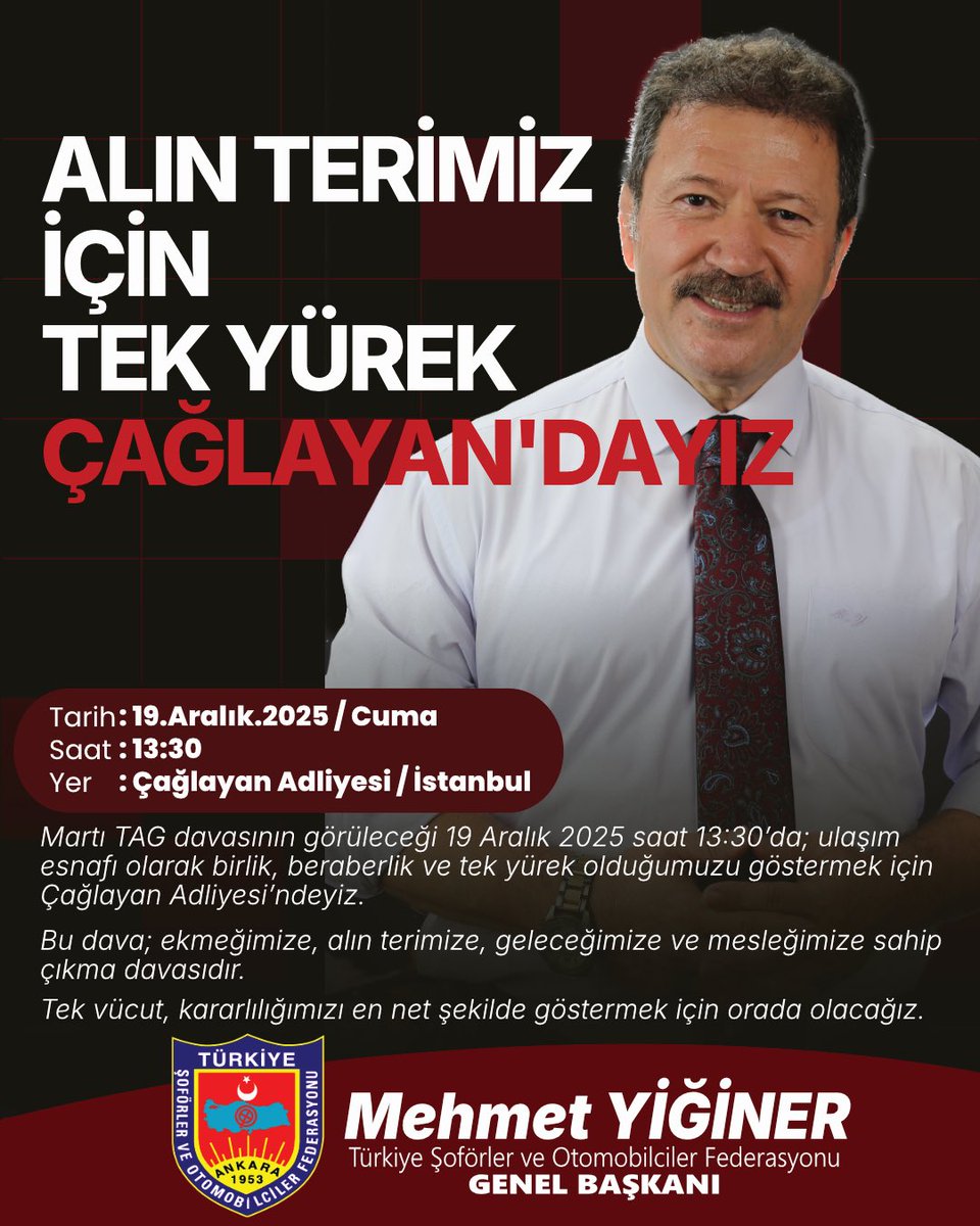 MehmetYiginer's tweet image. ALIN TERİMİZ İÇİN TEK YÜREK ÇAĞLAYAN’DAYIZ

Martı TAG davasının görüleceği 19 Aralık 2025 saat 13:30’da; ulaşım esnafı olarak birlik, beraberlik ve tek yürek olduğumuzu göstermek için Çağlayan Adliyesi’ndeyiz.
 
Bu dava; ekmeğimize, alın terimize, geleceğimize ve mesleğimize…