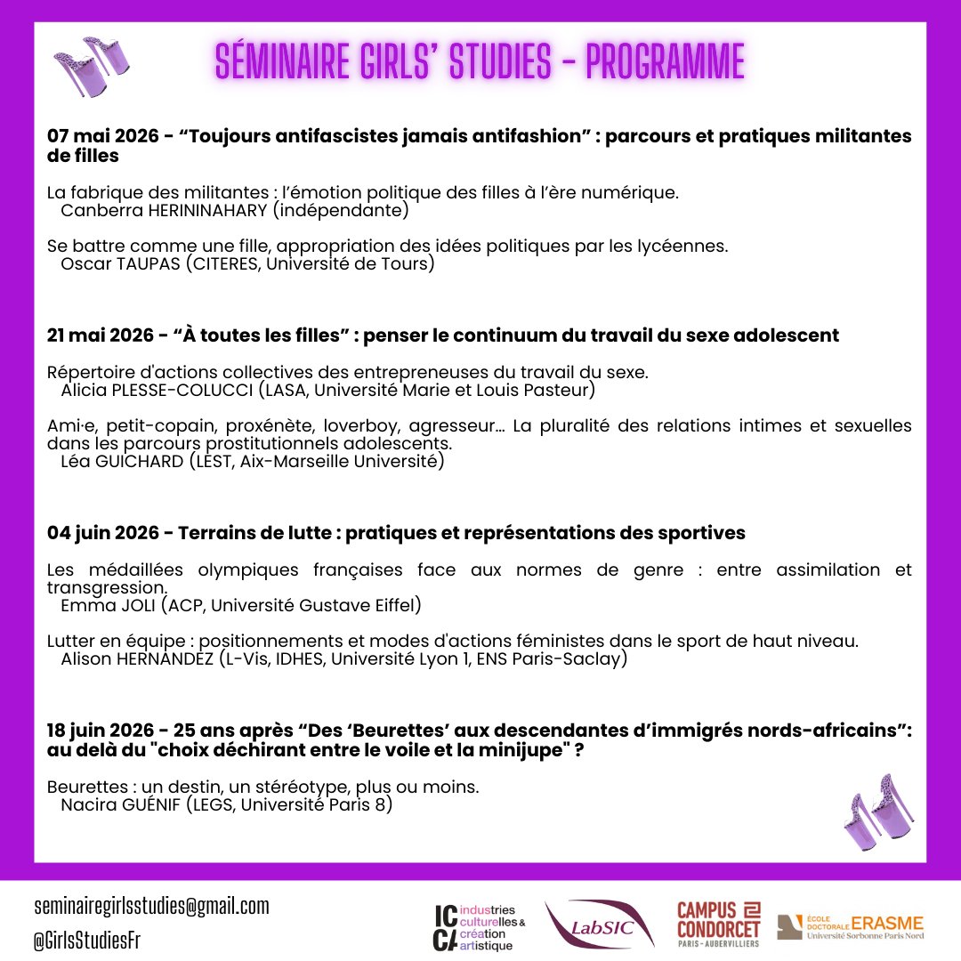 La saison 2 du séminaire Girls' Studies est là ! 🧠💅

Nous nous retrouverons donc deux jeudis par mois de mars à juin pour parler de pratiques culturelles, d'expériences et d'objets de filles.