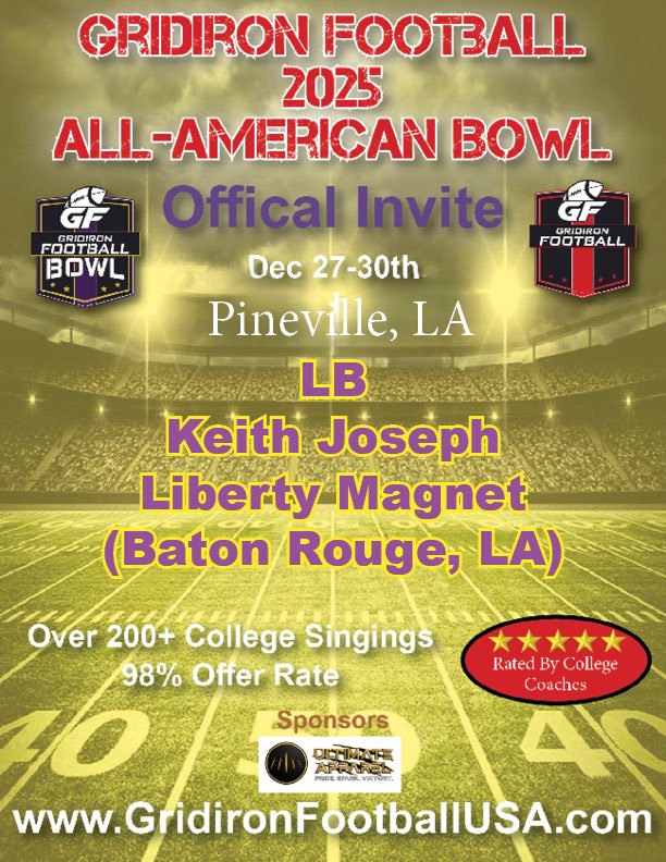 K3ITH_1's tweet photo. I’ll be playing in the GRIDIRON ALL- AMERICAN BOWL on December 30th. @GridironFootbal @RecruitLouisian @LAvsAllYall @marshallfaulk @F_Huggins80 @CoachDBO_GU @FredMcNair5 @CoachKVA @CoachHandUAM @GodsWarrior615 @mgoode20 @CoachTReese @CoachIReed https://t.co/KwYT9OllyK