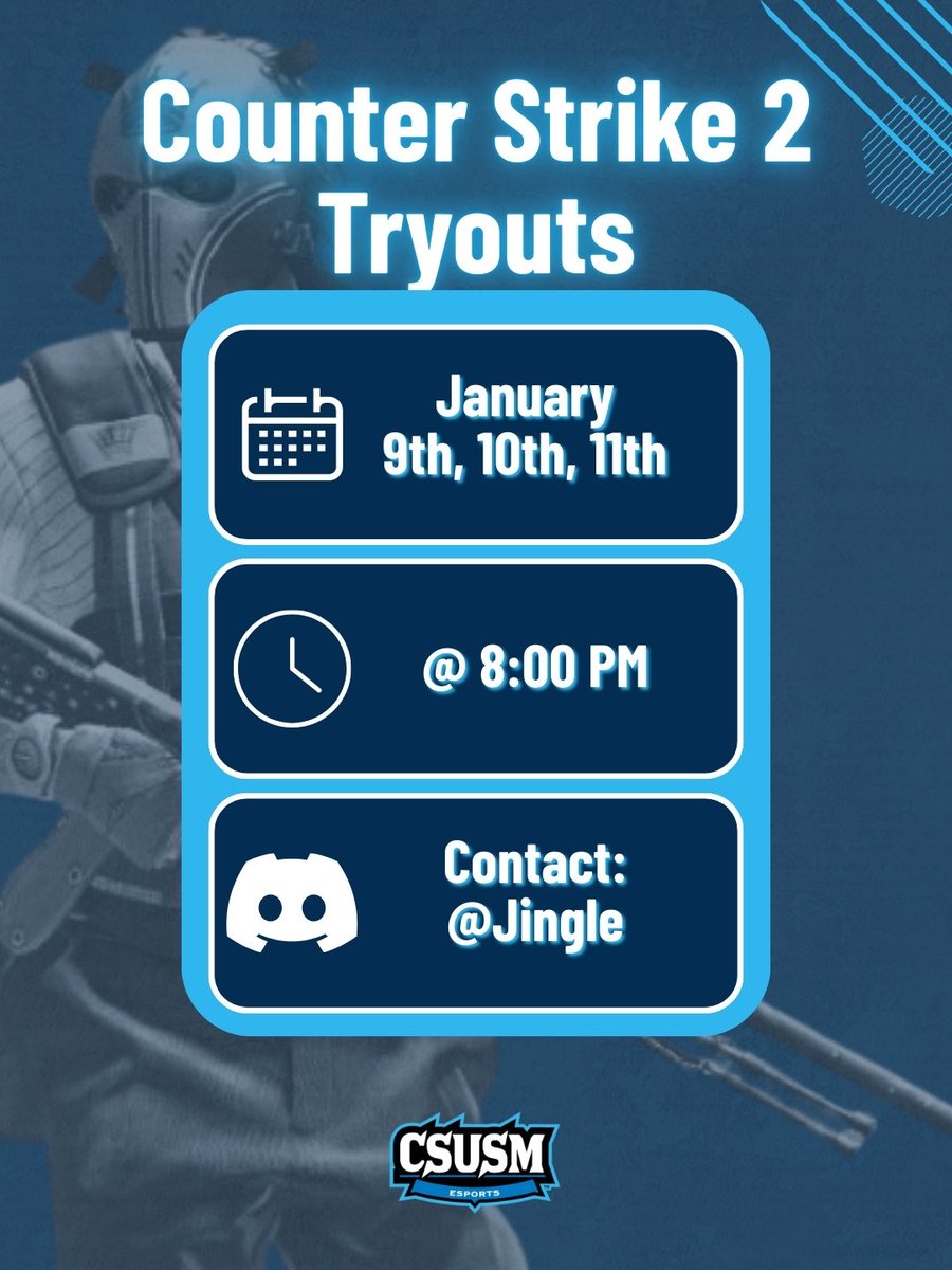 CsusmEsports's tweet photo. Ladies and Gentlemen, mark your calendars! 📆 Tryouts for Overwatch 2 and Counter-Strike 2 are happening very soon!

Be sure to join the discord and fill out the tryout form if you haven’t already! (Link in bio)

#csusm #csusmrec #csusmesports #EsportsTryouts #CollegiateEsports https://t.co/R20XtvNCY0