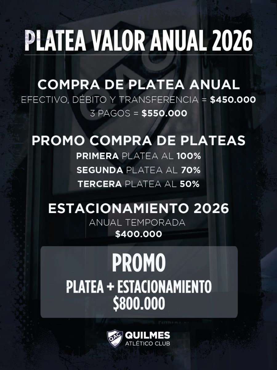 𝐏𝐫𝐞𝐜𝐢𝐨𝐬 𝟐𝟎𝟐𝟔 – 𝐏𝐥𝐚𝐭𝐞𝐚𝐬 𝐲 𝐞𝐬𝐭𝐚𝐜𝐢𝐨𝐧𝐚𝐦𝐢𝐞𝐧𝐭𝐨𝐬 🎟️🚗

Ya están disponibles los valores anuales de plateas y la preventa de estacionamientos para la temporada 2026. 

¡Asegurá tu lugar para acompañar al Cervecero durante todo el año!

▪️ Para dudas y