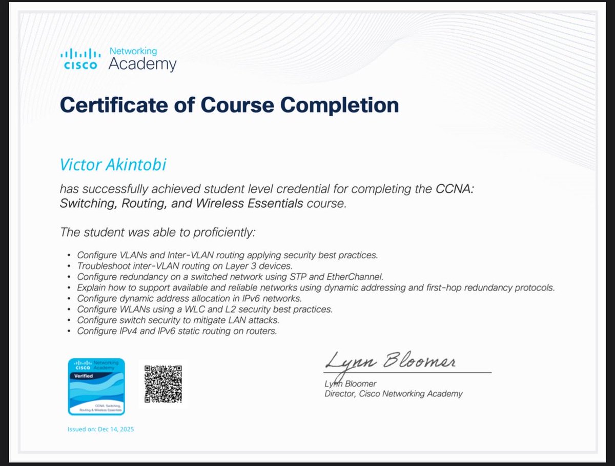 Konqueror55's tweet image. Grateful to have completed CCNA 2

Big thanks to the sponsoring academy @techpeaklab for providing this program, creating real access to quality tech education.

Special appreciation to @akintunero @lance.eihoda for your time, guidance, and commitment to our growth.