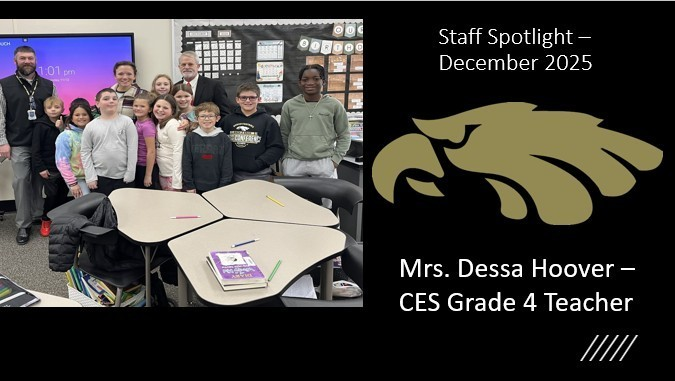 Congratulations to our Staff Spotlight winner for December, Mrs. Dessa Hoover, CES Grade 4 Teacher. And thanks to our many sponsors for their donations! You can nominate someone too, just use this link. forms.gle/vdm4S5Nt8uA9E5…
