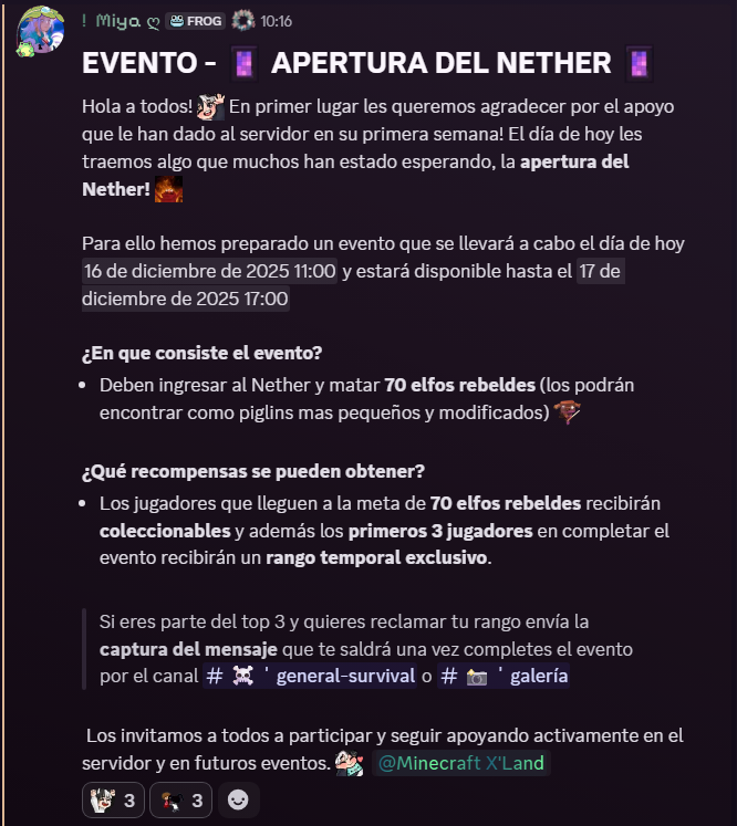 modsaxozer's tweet photo. 📢| EVENTO - MINECRAFT X'LAND

Muy buenas! El día de hoy abre el Nether y les traemos un evento para celebrar su apertura!

- El evento estará disponible desde hoy a las 18:00 hr española hasta mañana a la media noche de españa.

- Servidor: https://t.co/a53fyIXTqJ - 1.21.10 https://t.co/EJkTg0xmpz