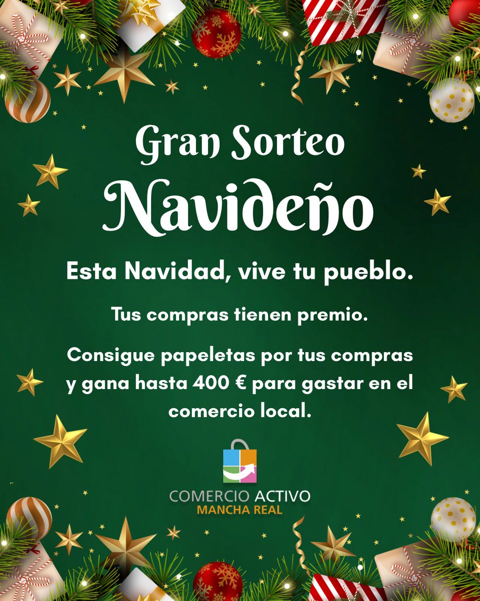 Esta Navidad pasear por Mancha Real, entrar en las tiendas y disfrutar del ambiente tiene premio.
Con tus compras en los comercios asociados puedes participar en el Sorteo de Navidad y ganar 400 €, 200 € o 100 €.

Compra cerca.
💛 Vive tu pueblo.