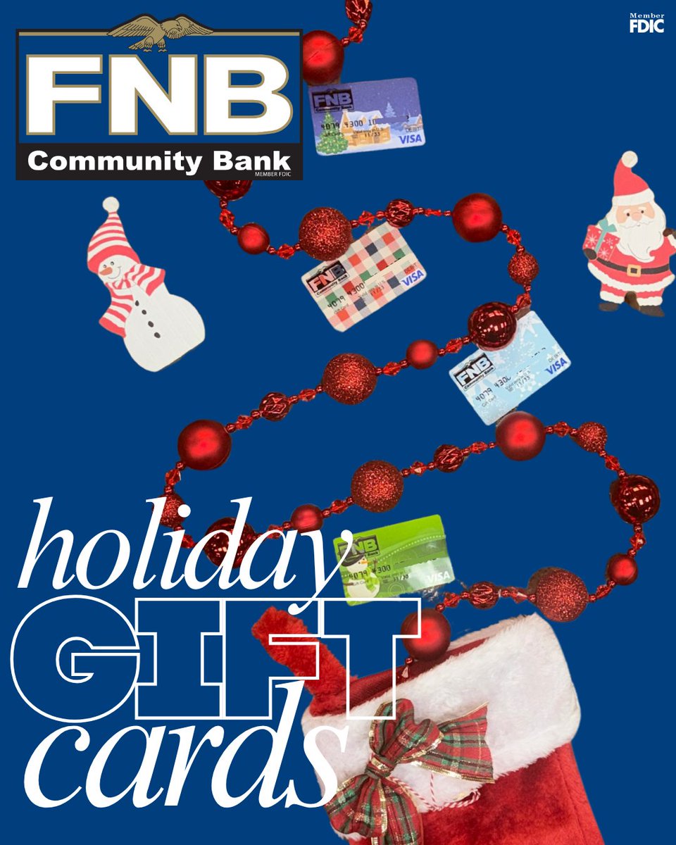 FNBMWC's tweet image. Holiday shopping made easy 🎁
FNB Visa® Gift Cards are the perfect fit for everyone on your list and our holiday designs are available for a limited time only.

Stop by any FNB location and grab a gift that always fits.

#FNBCommunityBank #FNB #BankLocal #communitybank #banking