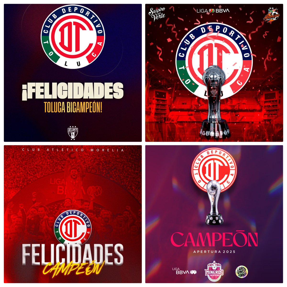 EstadioToluca's tweet photo. ¡Muchas gracias a toda la familia del fútbol mexicano por sus felicitaciones!

Y quienes no lo hicieron (🦅🚂🐱🤠🐶⚓️) disculpen las molestias que este bicampeonato provoca.

#Un1do2 | #UN12 https://t.co/xac8062Q6u