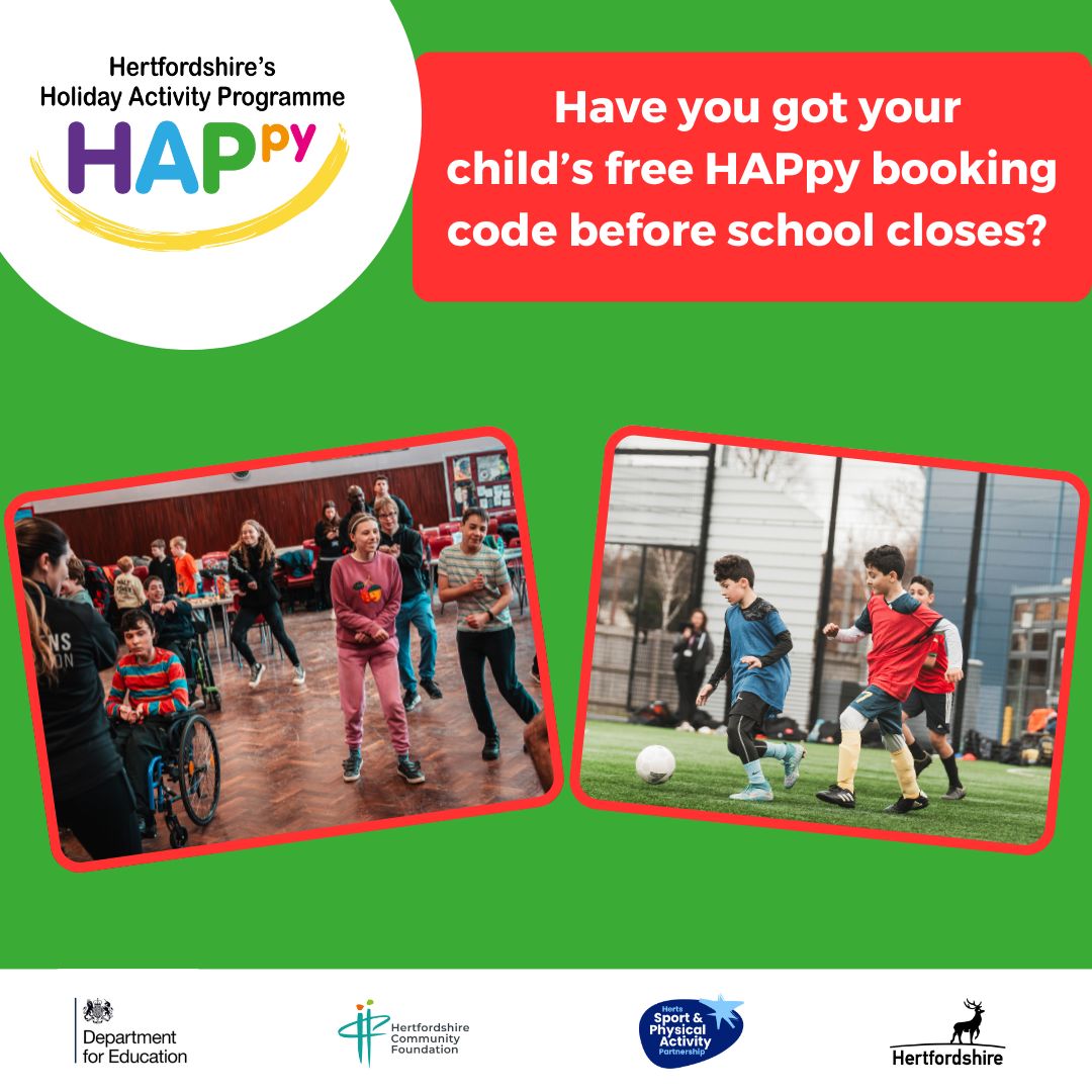 sportinherts's tweet photo. Make sure you have got your child’s unique HAPpy booking code before school closes for the Christmas holidays🎄

Check you have your email from your school office now.
Spaces are filling fast so don't miss out!

Book using the code from school at https://t.co/tRN27D9Zun https://t.co/o9wFRpAXMr