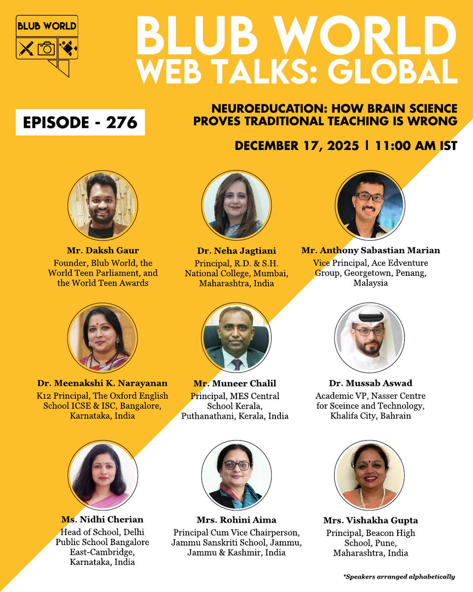 BlubWorld's tweet image. 🧠 Blub World Web Talks – 276th Episode

Neuroeducation: How Brain Science Proves Traditional Teaching Is Wrong 
Dec 17, 2025 | 11:00 AM IST

Don’t miss this eye-opening session! 

DM for Zoom link 🎙️
#Neuroeducation #BrainBasedLearning #FutureOfEducation #BWWT #EducationWebinar