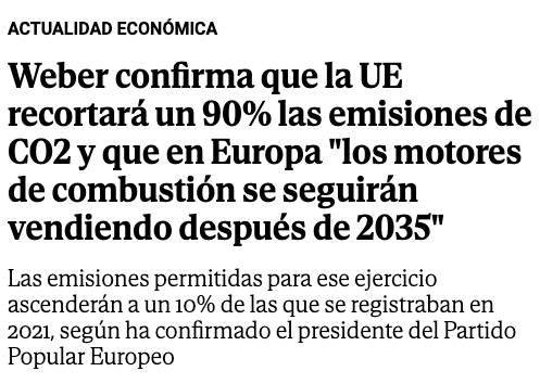 marcvidal's tweet photo. Leo a muchos titulando que la UE recula en el tema coches eléctricos, como una victoria del sector automovilístico europeo tradicional, pero la cosa no es tan simple...

1. Recordemos que la UE nunca prohibió explícitamente los motores de combustión, prohibió sus emisiones. Esto es un detalle que después veremos que es importante.

2. Ahora anuncia que en 2035 no exigirá emisiones cero, sino una reducción del 90% respecto a 2021. De ahí nace la paradoja: los motores seguirán siendo legales, pero casi no podrán venderse.

3. El 10% permitido se calcula como media de emisiones por fabricante, no por vehículo. Eso obliga a vender una mayoría abrumadora de coches eléctricos para poder comercializar unos pocos de combustión. En la práctica, solo sobrevivirán como nicho: modelos muy caros, de lujo o simbólicos, no como base de producción masiva.

Este margen no permite economías de escala ni justifica mantener líneas industriales completas, empleo ni proveedores. Mantener combustión para un volumen tan reducido es económicamente inviable. 

El cambio de postura, ese 10%,  evita el titular de “prohibición total”, pero no cambia el marco de fondo. Es un ajuste político para ganar tiempo, no una salvación de la industria europea.

👉 Por eso Weber dice que “todos los motores podrán seguir vendiéndose”. Pero no porque todo el mundo vaya a hacerlo, sino porque legalmente ya no estarán prohibidos.