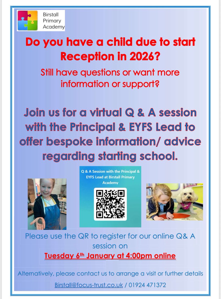 BirstallAcad13's tweet image. For any parents who require support, want more information about supporting your pre-schooler, or have questions related to specific needs, we are delighted to invite you to our Virtual Q&amp;amp;A Session on Tues, 6th January. This is a great opportunity to learn more about our school.