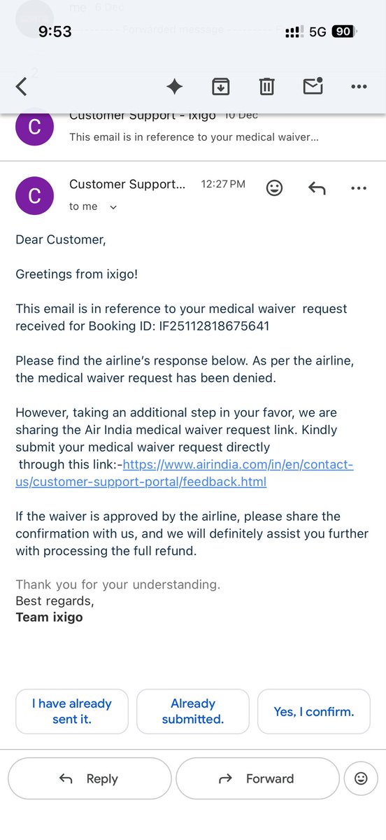 BornakPaul's tweet photo. @airindia @airindia you guys are saying that the agency didn’t reply. The agency mailed that you guys have rejected the claim and have asked us to get in touch with you directly for refund and if you initiate the process then let them know about the same. https://t.co/MLUuQQBqvf
