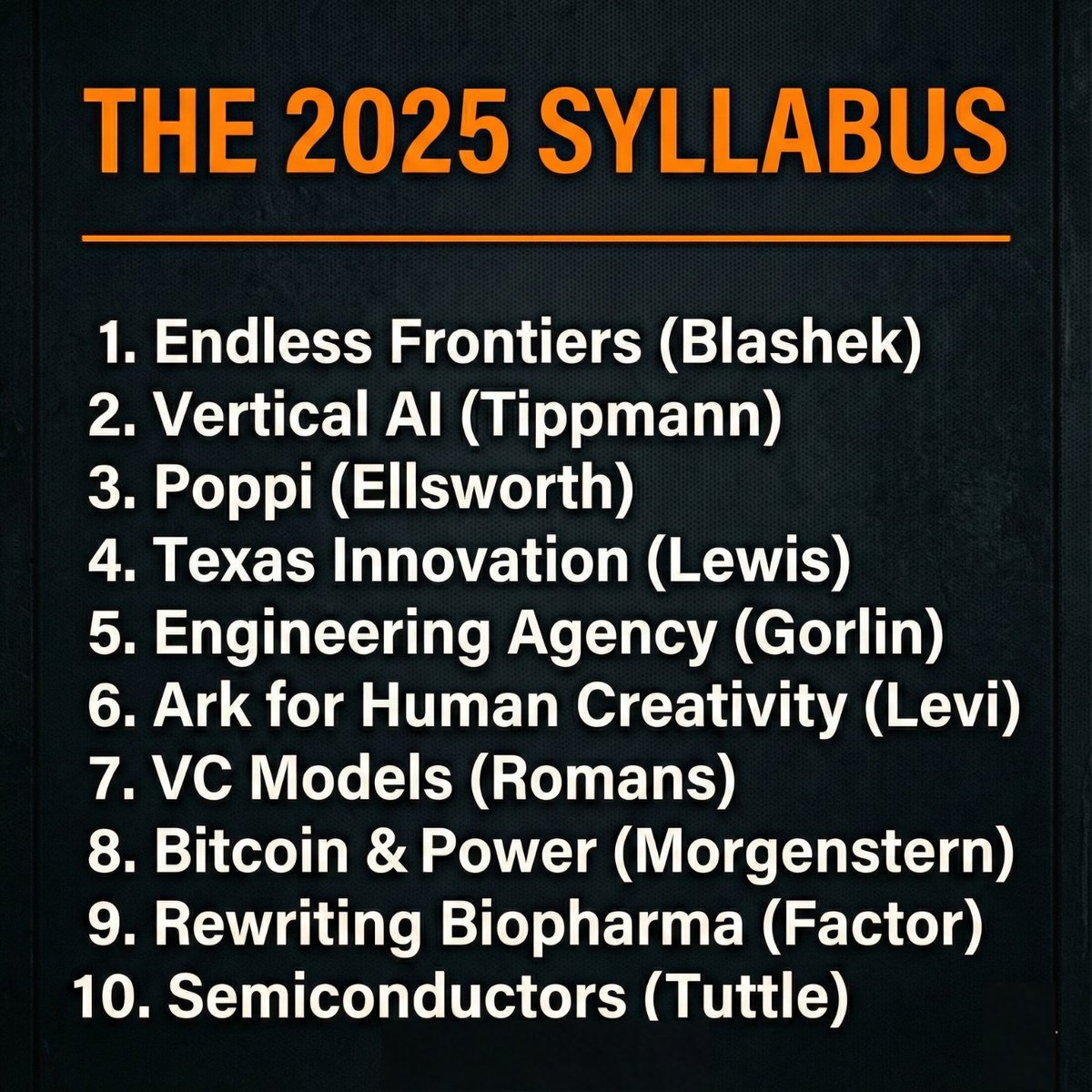 Austin is building the new technological, cultural &amp; intellectual stack. The guests, topics, &amp; data from Austin Next this year prove it. 

I dove into the listener metrics to see what the founders, funders, &amp; operators were studying deeply this year.

Here is the 2025 Syllabus,