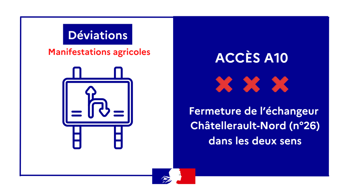 Image de Préfet de la Vienne - 🔴#Manifestations en cours - Mises en place de déviations
❌ Fermeture dans les deux sens de la sorti
