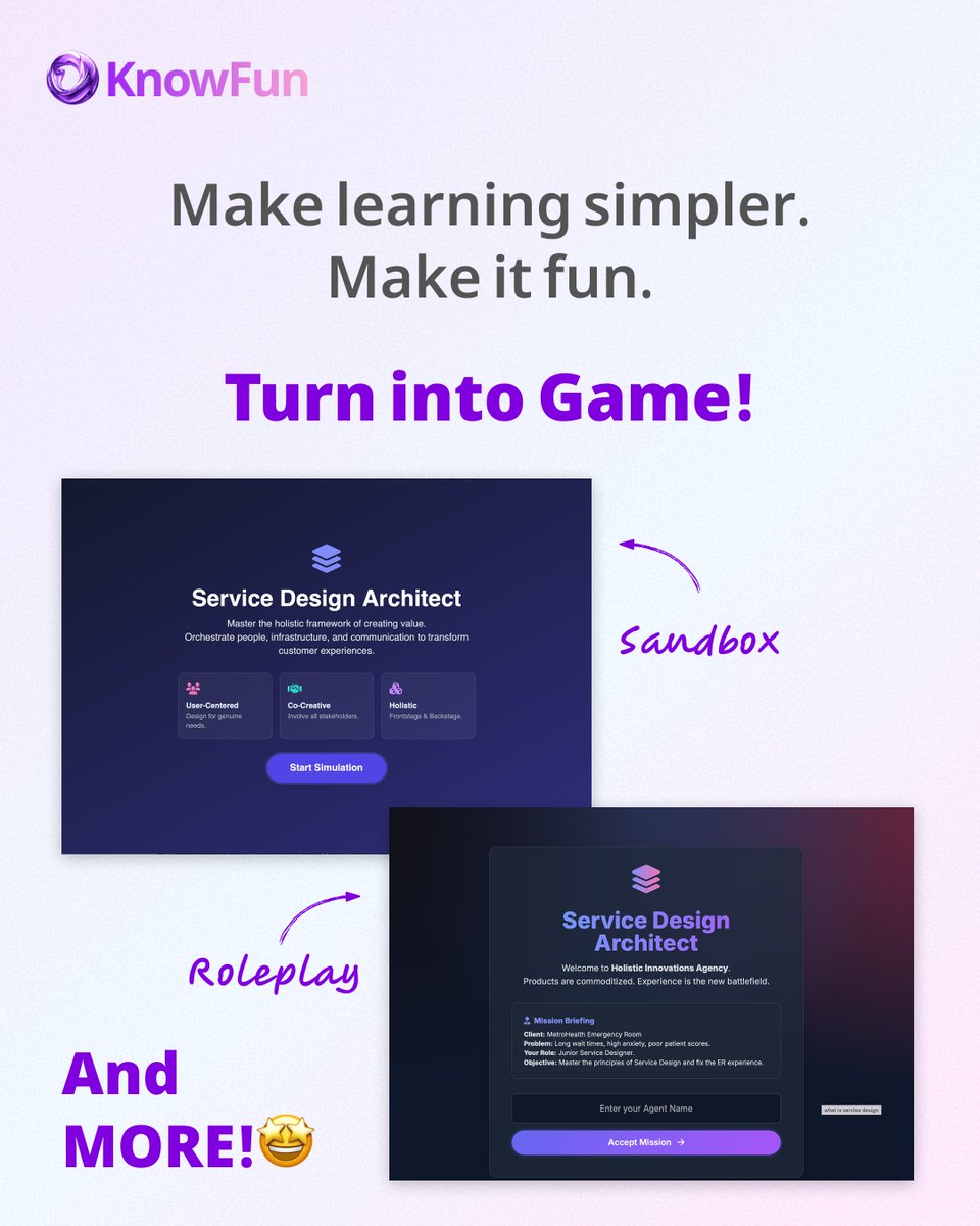 KnowfunOp's tweet photo. What if learning felt like a game? 🎮
Upload your content → choose Game → start playing.  Sandbox, roleplay, missions — same knowledge, totally new experience.
From reading to playing.  
https://t.co/1lcF23uNni
#KnowFun #GameBasedLearning https://t.co/HydfgJ0ks4